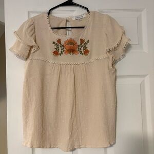 Rose & Olive Cream Blouse with Orange Floral Embroidery
